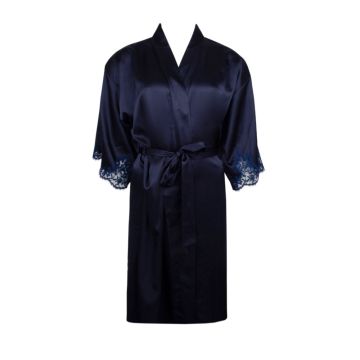 Luxuriöser Kimono aus Seide mit Eye-Lash Spitze in dunkelblau von Lise Charmel
