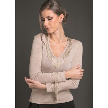 Langarm Shirt mit Fransen Merino Wolle Seide beige meliert von Artimaglia