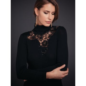 Merinowolle-Seide Rollkragen Shirt mit schweizer Spitze von Artimaglia schwarz