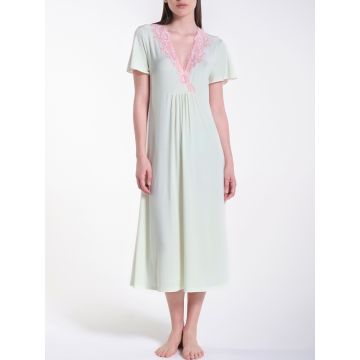 Modal Nachtkleid wadenlang Germoglio zartgrün mit rosa Spitze von Verdiani Donna