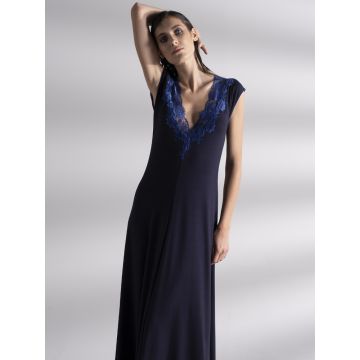 Langes Modal Neglige Blu dunkelblau mit Spitze von Verdiani Donna