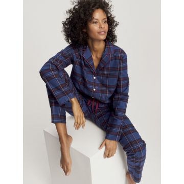 Flanell Pyjama mit Knöpfen Boyfriend dunkelblau aus Bio Baumwolle mit Karomuster