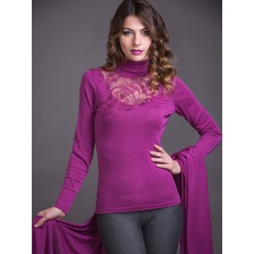 Merinowolle-Seide Rollkragen Shirt mit schweizer Spitze von Artimaglia fuchsia