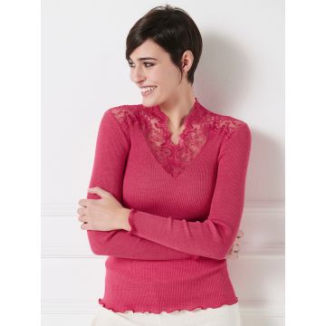 Merinowolle Seide Stehkragen Langarmshirt gerippt fuchsia pink-rot Calais Spitze von Oscalito