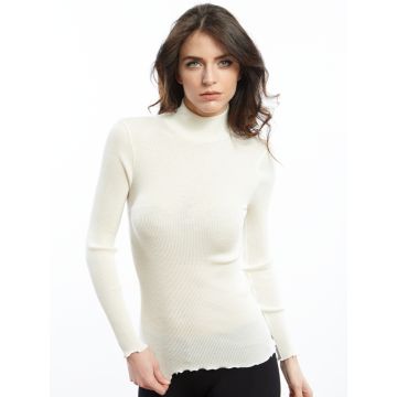 Merinowolle Seide Langarmshirt gerippt wollweiß mit Mockneck Stehkragen von Oscalito Basics