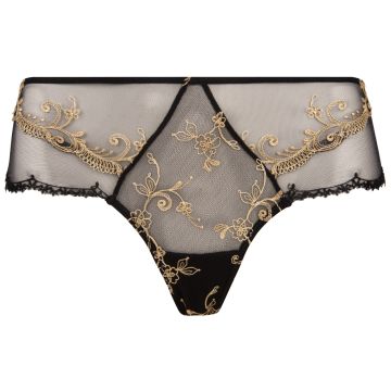 Knapper Panty-Slip aus feinem Tüll in schwarz mit goldenen Stickereien von Lise Charmel