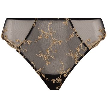 Edler Slip aus schwarzem Tüll und Jersey mit goldenen Stickereien