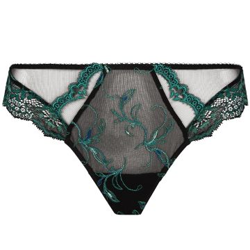 Spitzenslip aus schwarzer Spitze mit türkisgrünen Stickereien von Lise Charmel