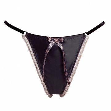 String aus antrazit-grauem Satin mit hell-rosé Rüschen und rosa Leopard-Print Accessoires