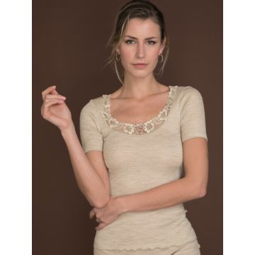 Merinowolle-Seide Kurzarm-Shirt gerippt von Artimaglia avena beige meliert