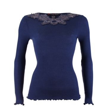 Langarm Shirt Merino Seide in blau mit Spitze von Artimaglia