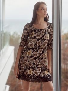 Seide Nachtkleid Halbarm Joanna schwarz beige mit Blumenprint von Gattina