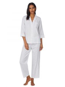 Baumwolle Pyjama Shadow Stripe mit eingewebten Satinstreifen in weiß von Lauren by Ralph Lauren