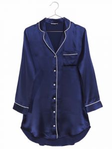 100% Seide Sleepshirt Camilla Fullmoon Sky dunkelblau mit cremeweißer Biese von Radice